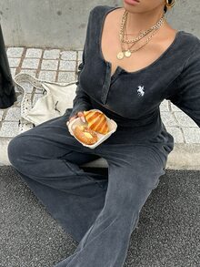 Muchica 大尺碼女款針織復古柔軟水洗做舊長袖T恤與長褲休閒家居兩件套 馬灰色 秋冬早午餐穿搭 - 黑色 - 查看 7