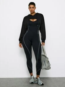 Voyena Sweatshirt Crop Berlubang dengan Bahu Longgar dan Tali Serut untuk Wanita Ukuran Plus (Tanpa Kamisol) untuk Musim Gugur - Hitam - View 7