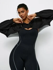 Voyena Sweatshirt Crop Berlubang dengan Bahu Longgar dan Tali Serut untuk Wanita Ukuran Plus (Tanpa Kamisol) untuk Musim Gugur - Hitam - View 4