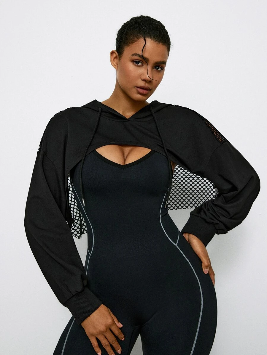 Voyena Sweatshirt Crop Berlubang dengan Bahu Longgar dan Tali Serut untuk Wanita Ukuran Plus (Tanpa Kamisol) untuk Musim Gugur - Hitam - View 1