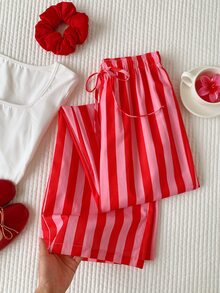 Comfortcana Women's Casual Daily Striped Colorblock Drawstring Waist Long Pants - Hot Pink - View 7