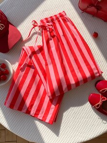 Comfortcana Women's Casual Daily Striped Colorblock Drawstring Waist Long Pants - Hot Pink - View 3