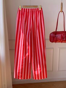 Comfortcana Women's Casual Daily Striped Colorblock Drawstring Waist Long Pants - Hot Pink - View 2
