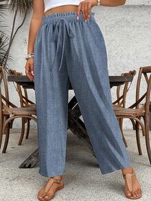 SHEIN PETITE CURVE 大码休闲抽绳腰宽松直筒裤 - 霧霾藍 - 查看 5