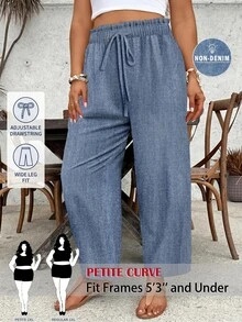 SHEIN PETITE CURVE 大码休闲抽绳腰宽松直筒裤 - 霧霾藍 - 查看 10