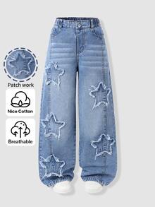 SHEIN Tween Girl Star Embroidery Wide Leg Jeans - Medium Wash - View 4