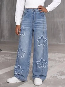 SHEIN Tween Girl Star Embroidery Wide Leg Jeans - Medium Wash - View 3