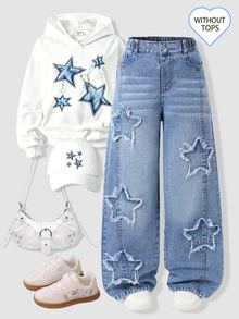 SHEIN Tween Girl Star Embroidery Wide Leg Jeans - Medium Wash - View 1