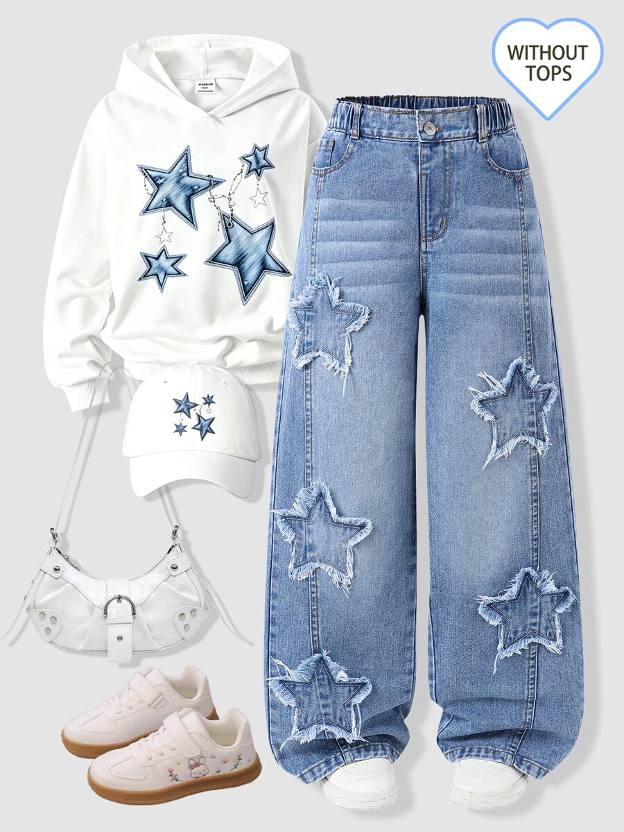 SHEIN Tween Girl Star Embroidery Wide Leg Jeans - Medium Wash - View 1