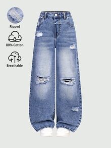 青少年女孩水藍色復古破洞寬腿牛仔褲，寬鬆男友風 Y2K 街頭休閒牛仔長褲，開學季夏季穿搭 - 藍色 - 查看 4