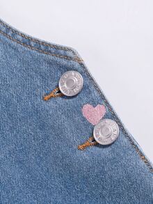 SHEIN 女童休闲爱心印花背带裤，柔软棉质，时尚百搭，舒适日常穿着，简约直筒宽松水洗浅蓝色牛仔连体裤，适合休闲、度假、各种场合、日常穿着 - 藍色 - 查看 5