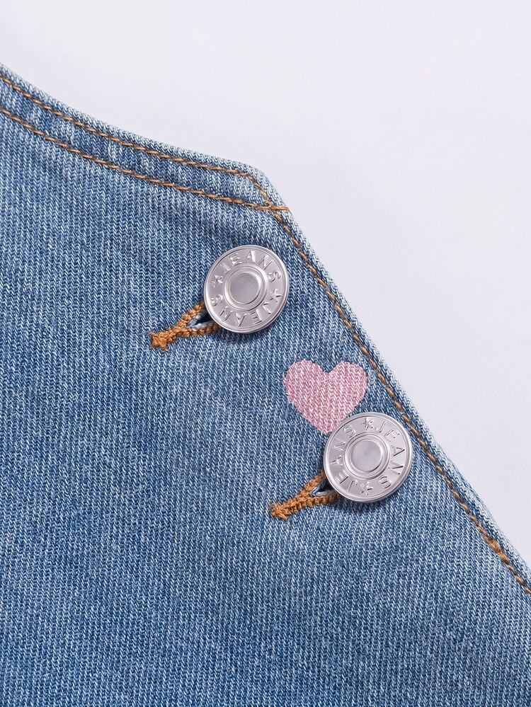 SHEIN Young Girl'Casual Heart Print Bib Overall Pants,Soft Cotton Straight Loose Fit Washed Light Blue Denim Jumpsuit,Fashionable Comfortable Daily Wear - Blue - View 5