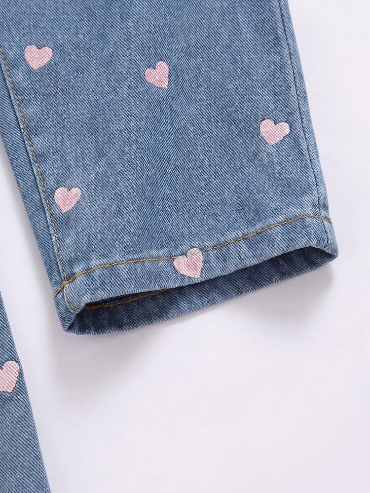 SHEIN Young Girl'Casual Heart Print Bib Overall Pants,Soft Cotton Straight Loose Fit Washed Light Blue Denim Jumpsuit,Fashionable Comfortable Daily Wear - Blue - View 3