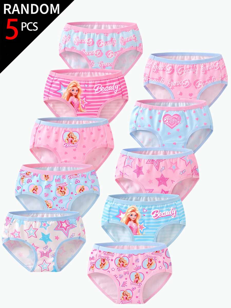 SHEIN 5件組隨機女童幼兒內褲,可愛女孩印花配蝴蝶結、雪花、愛心,嬰兒粉色與白色,柔軟針織內褲套裝,冬季款 - 彩色 - 查看 1