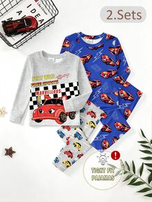 [6 Sets Randomly Send 2 Sets]Young Boys Pajamas Cartoon Car Print Long Sleeve Long Pants Knit Snug Fit Sleepwear Loungewear Set - Multicolor - View 3