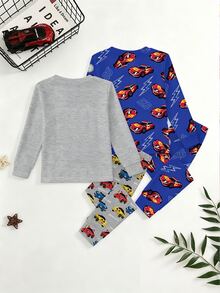 [6 Sets Randomly Send 2 Sets]Young Boys Pajamas Cartoon Car Print Long Sleeve Long Pants Knit Snug Fit Sleepwear Loungewear Set - Multicolor - View 2