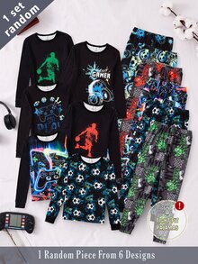 1套隨機印花秋冬季青少年男孩居家服，可愛運動搖滾足球耳機遊戲機造型，柔軟貼身長袖褲，舒適保暖 - 彩色 - 查看 8