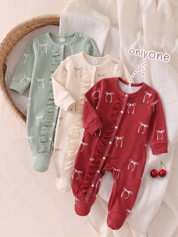 Newborn Burgundy Bow Print Long Sleeve Romper, Frill Trim Footed Baby Pajamas, Ribbed Soft Infant Crawler - Burgundy - View 9