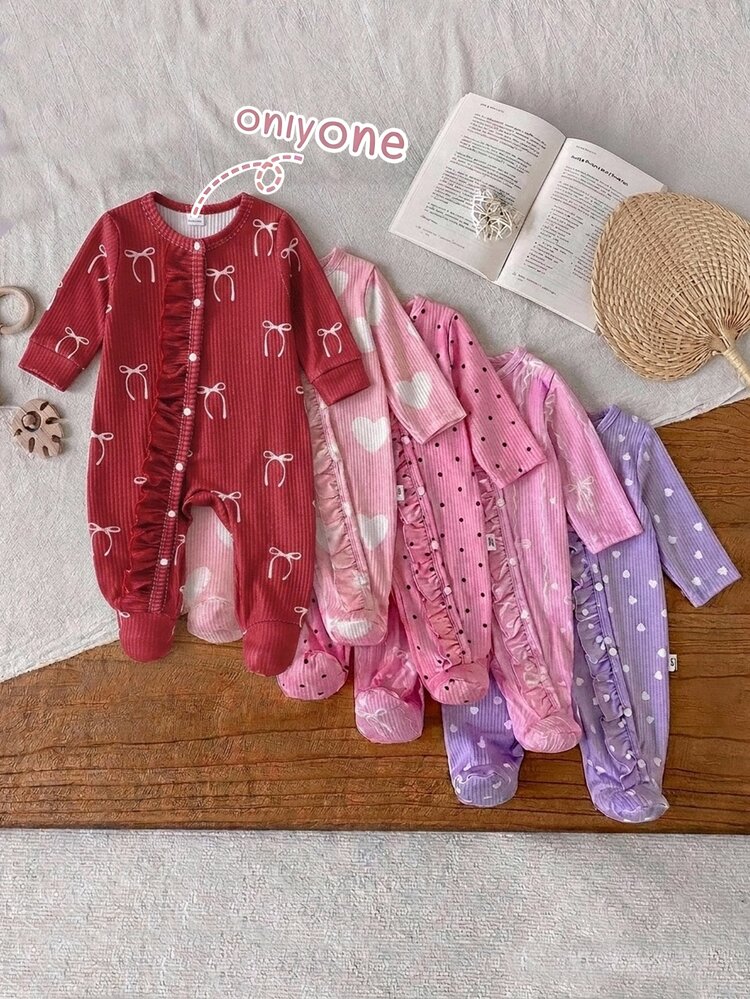 Newborn Burgundy Bow Print Long Sleeve Romper, Frill Trim Footed Baby Pajamas, Ribbed Soft Infant Crawler - Burgundy - View 10