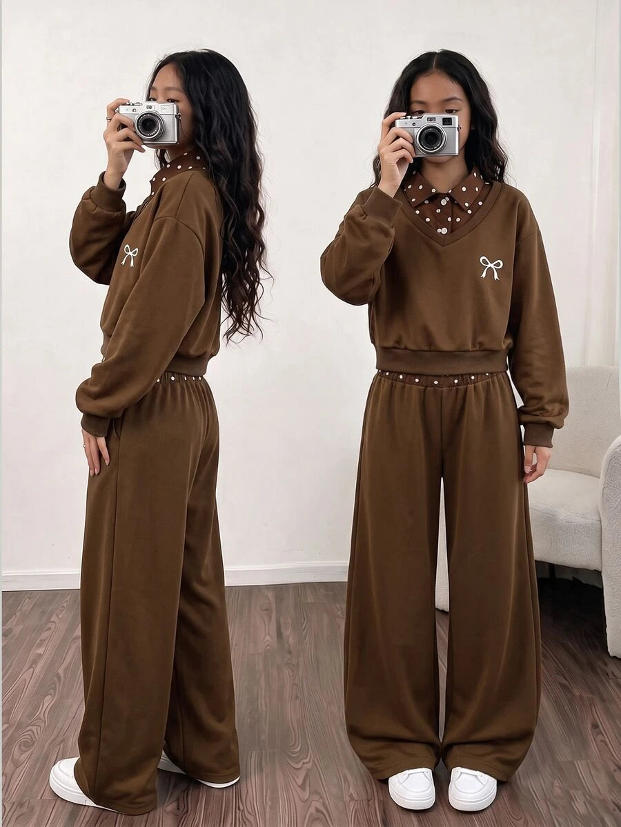 SHEIN 女童休閒極簡風度假戶外通勤針織聚酯纖維數位印花波點熱轉印蝴蝶結圖案鈕扣聖誕校園鬆弛設計拼接對比色假兩件翻領襯衫式V領短版衛衣搭配寬腿對比色拼接休閒長褲套裝,適合派對街頭風返校季秋冬 - 棕色 - 查看 1