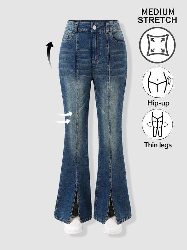 SHEIN Genkimix Kids Teen Girls Split Hem Flare Jeans, Y2K Distressed Washed Denim, Stretch Cotton, Autumn Fall Back To School