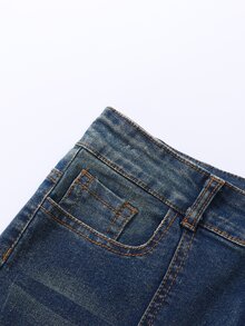 SHEIN Genkimix Kids 青少年女孩開衩喇叭牛仔褲，Y2K 破洞水洗丹寧，彈性棉，秋季返校穿搭 - 藍色 - 查看 5