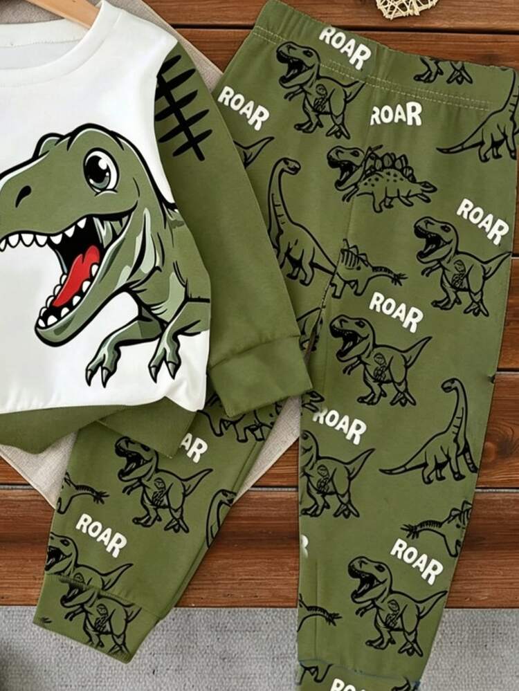 2pcs Baby Boys Sweatshirt Set Fun White Army Green Color Block Dinosaur Print Long Sleeve Loose Fit Crew Neck Daily Vacation Fall Autumn Sweaters - Multicolor - View 4