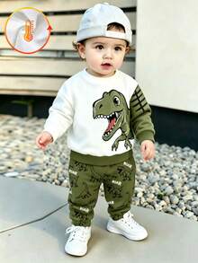 2件組男嬰休閒衛衣套裝 白色與軍綠拼色恐龍印花 長袖寬鬆圓領 日常度假秋季毛衣 - 彩色 - 查看 2