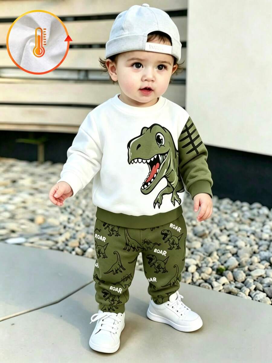 2pcs Baby Boys Sweatshirt Set Cute Off-White Green Dinosaur Color Block Loose Long Sleeve Crew Neck Back To School Fall Outfits - Multicolor - View 1