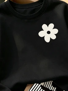(1套) 秋季幼童女童時尚休閒清新日常花卉印花基礎圓領衛衣與條紋黑色花卉寬腿褲套裝 - 彩色 - 查看 4