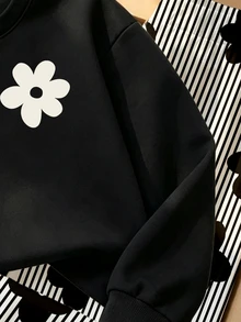 (1套) 秋季幼童女童時尚休閒清新日常花卉印花基礎圓領衛衣與條紋黑色花卉寬腿褲套裝 - 彩色 - 查看 5