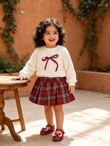Elladie kids 女童可爱蝴蝶结樱花图案白色毛绒上衣搭配红色格子百褶裙卫衣套装 - 白色 - 查看 8