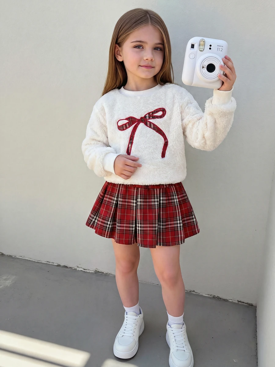 Elladie kids 女童可爱蝴蝶结樱花图案白色毛绒上衣搭配红色格子百褶裙卫衣套装 - 白色 - 查看 1