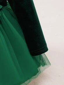 Glamorique Kids 幼女聖誕深綠色天鵝絨網紗派對洋裝，可愛3D花朵長袖公主禮服，節日晚宴典禮舞會禮服 - 墨綠色 - 查看 5
