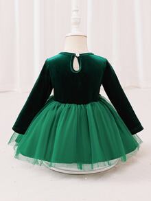 Glamorique Kids 幼女聖誕深綠色天鵝絨網紗派對洋裝，可愛3D花朵長袖公主禮服，節日晚宴典禮舞會禮服 - 墨綠色 - 查看 2