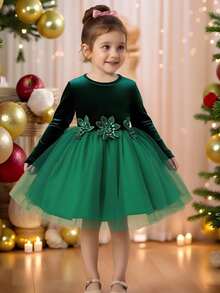 Glamorique Kids 幼女聖誕深綠色天鵝絨網紗派對洋裝，可愛3D花朵長袖公主禮服，節日晚宴典禮舞會禮服 - 墨綠色 - 查看 9