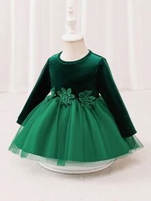 Glamorique Kids 幼女聖誕深綠色天鵝絨網紗派對洋裝，可愛3D花朵長袖公主禮服，節日晚宴典禮舞會禮服 - 墨綠色 - 查看 6