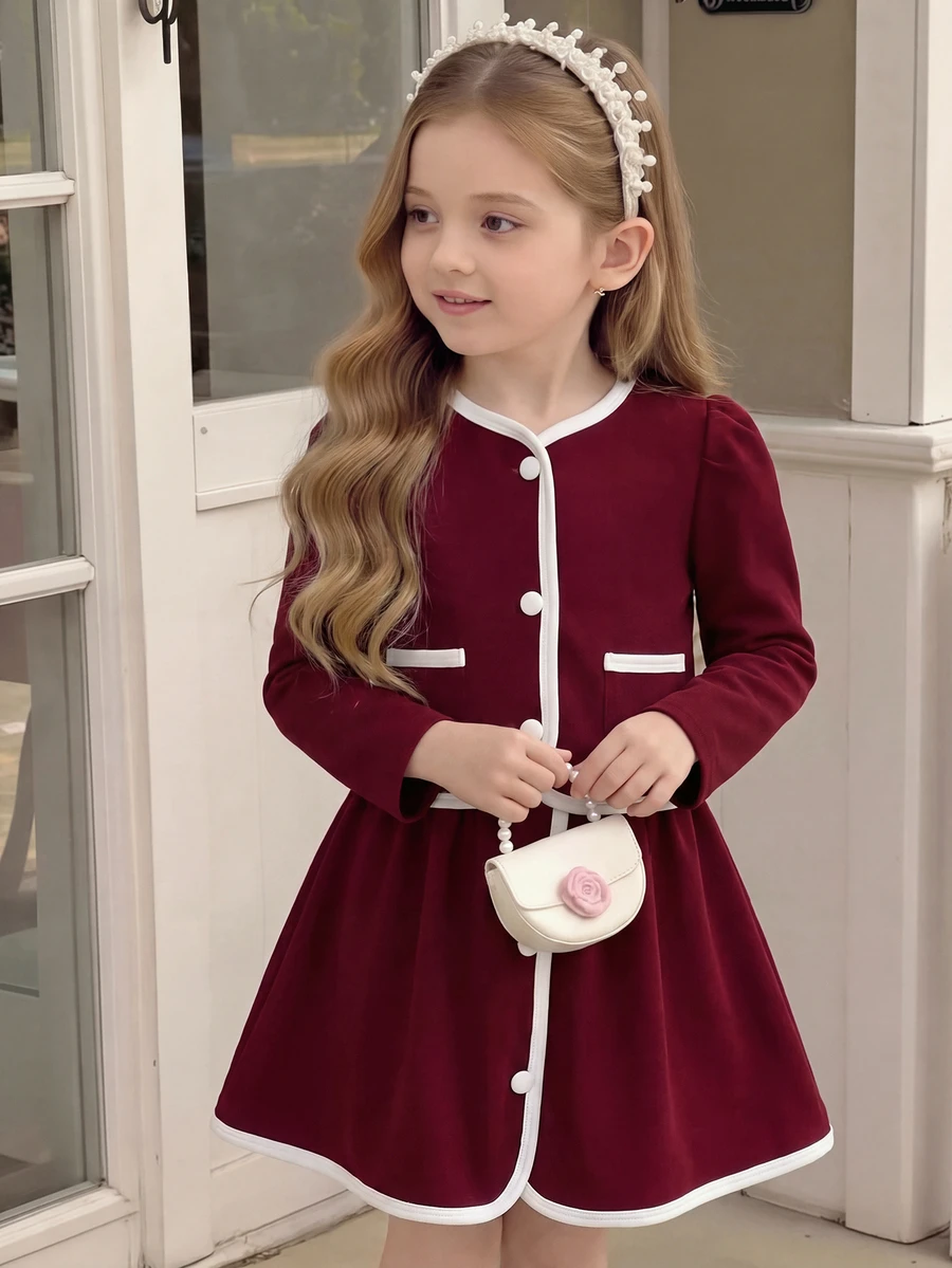 SHEIN Elladie kids 少女款 2 件組秋季酒紅色長袖鈕扣西裝外套，配對比色滾邊與配套裙子套裝，優雅校園穿搭秋季服飾 - 酒紅色 - 查看 1