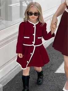 SHEIN Elladie kids 少女款 2 件組秋季酒紅色長袖鈕扣西裝外套，配對比色滾邊與配套裙子套裝，優雅校園穿搭秋季服飾 - 酒紅色 - 查看 9