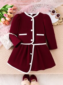 SHEIN Elladie kids 少女款 2 件組秋季酒紅色長袖鈕扣西裝外套，配對比色滾邊與配套裙子套裝，優雅校園穿搭秋季服飾 - 酒紅色 - 查看 3