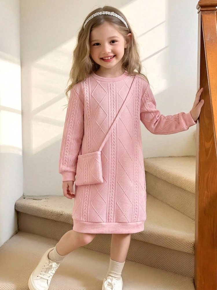 Vintaside Kids Toddler Girls Sweet Cable Knit Textured Diamond Pattern Long Sleeve Straight Mid-Length Sweatshirt Dress With Crossbody Bag For Autumn - Baby Pink - View 4