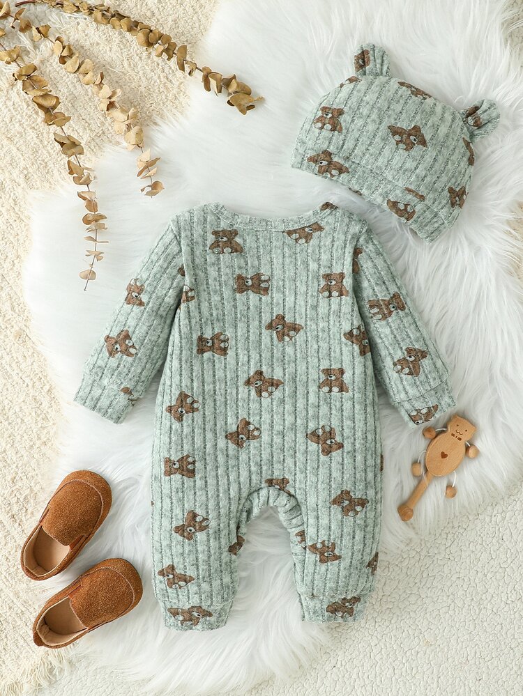 SHEIN 2pcs Baby Boy Jumpsuit Romper Cute Mint Green Bear Print Ribbed Knit Snap Ear Hat Long Sleeve Round Neck Regular Birthday Party Fall Cozy One Piece - Army Green - View 2