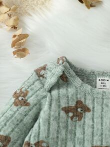 SHEIN 男嬰 2件組休閒可愛長袖熊圖案連身衣 秋冬套裝服飾 - 軍綠色 - 查看 5
