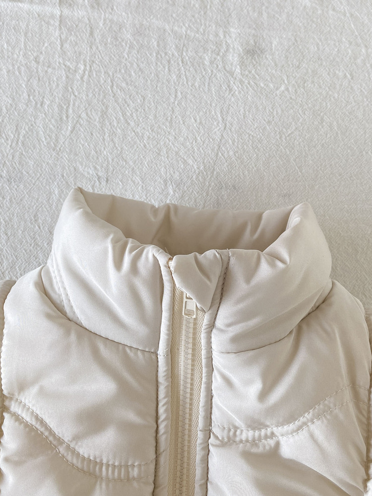 SHEIN Playful Pals 1pc Baby Girl Puffer Vest Cute Pink Quilted Wave Plush Lined Zipper Sleeveless Stand Collar Thick Outdoor Winter Princess Cozy First Birthday Solid - Apricot - View 7