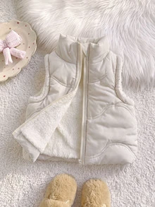 SHEIN Playful Pals 1件粉色立領無袖拉鍊抓絨背心，適合女嬰，適用於休閒外出、拍照或舒適冬季多功能外套 - 杏色 - 查看 4