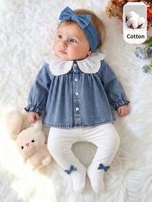 SHEIN 幼女蕾絲娃娃領牛仔夾克與連腳內搭褲套裝 - 藍色 - 查看 4