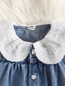 SHEIN 幼女蕾絲娃娃領牛仔夾克與連腳內搭褲套裝 - 藍色 - 查看 5