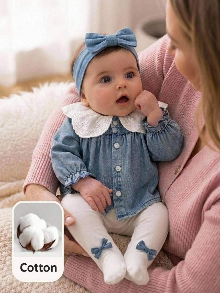 SHEIN 幼女蕾絲娃娃領牛仔夾克與連腳內搭褲套裝 - 藍色 - 查看 1