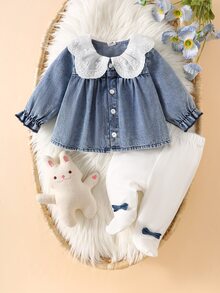 SHEIN 幼女蕾絲娃娃領牛仔夾克與連腳內搭褲套裝 - 藍色 - 查看 8