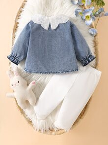 SHEIN 幼女蕾絲娃娃領牛仔夾克與連腳內搭褲套裝 - 藍色 - 查看 2
